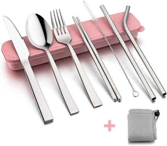 HaWare 9-Piece Portable Travel Silverware Utensils with Case, Stainless Steel Flatware Set for Camping Office School Lunch, Reusable Cutlery Including Knife Fork Spoon, Dishwasher Safe(Pink)
