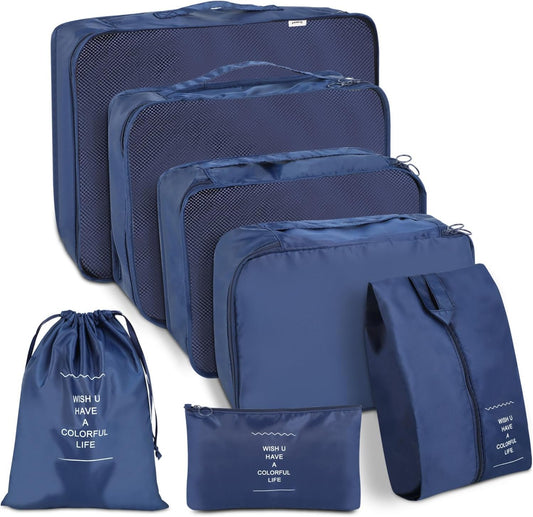 Packing Cubes Travel Bag Polyester 7 Pieces Lightweight Waterproof Space Saving Travel Bag Organizer (Dark Blue)