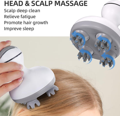 Electric Scalp Head Massager, Handheld Portable Waterproof Head Scratcher Massager with 4 Heads 84 Nodes Gifts Idea for Hair Growth, Deep Clean & Stress Release Massage