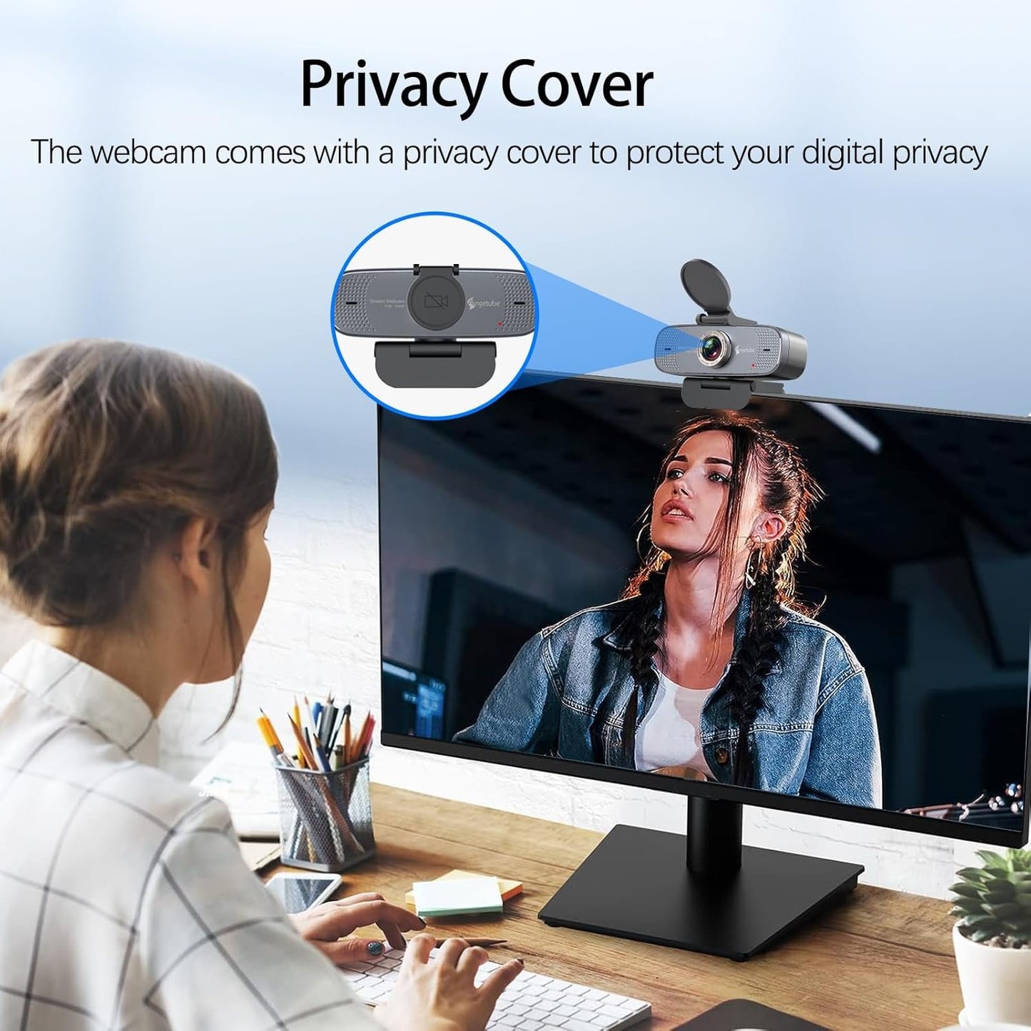 Angetube 1080P HD Webcam with Privacy Shutter Dual Noise-Cancelling Mic PC Camera Webcams, Wide 90Â° View, USB Plug & Play for Video Conferencing, Streaming, Zoom/Skype/YouTube for PC/Desktop/Laptop