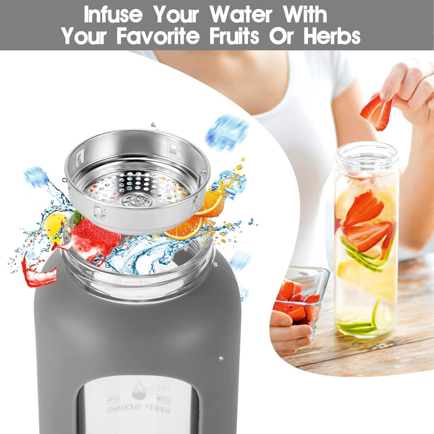 SipZest 32 oz Glass Water Bottle with Straw - Motivational Time Marker & Silicone Sleeve - Reusable Tumbler Includes 2 Bamboo Lids & Fruit Infuser - 1 Pack