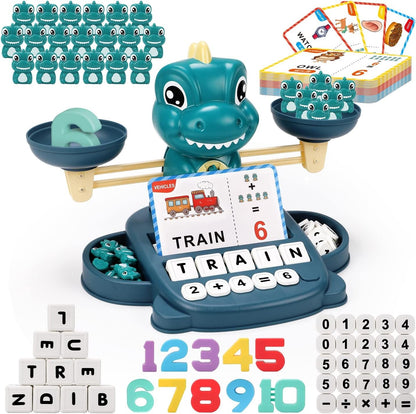 Qizebaby Kids Learning Toy Set for 3 4 5 6 7 8 Year Olds,Dinosaur Balance Counting Math Toy with Matching Letter Spelling Gamesï¼ŒMath & Cards Learning Preschool Educational Gameï¼ŒGift for Boys Girls