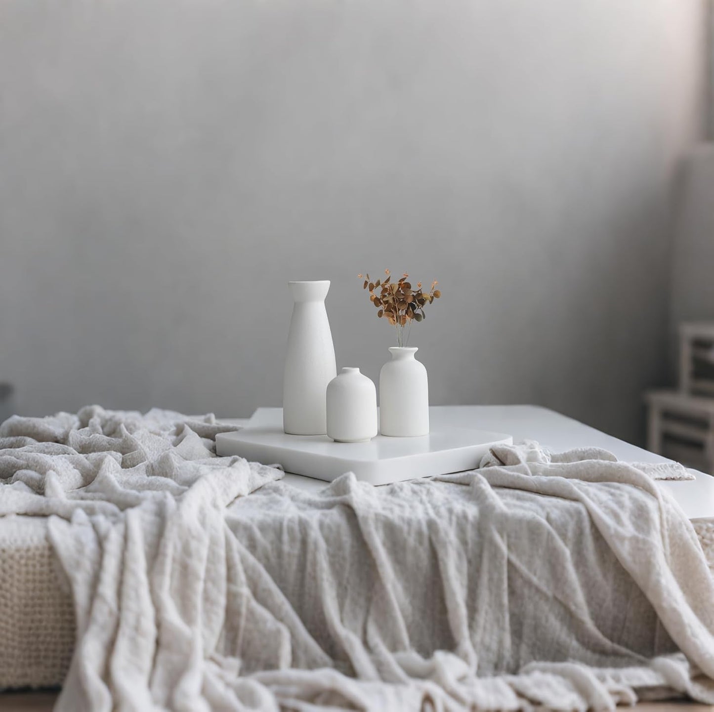 TINCTOTNIC Distressed Ceramic Vase Set of 3, Modern Bohemian Farmhouse Home Decor, Pampas Grass Dried Flowers Vases for Living Room, Dining Room, Bedroom, Kitchen, Bathroom, Office, Entryway (White)