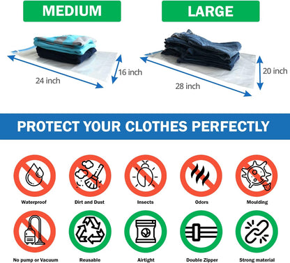 RoomierLife 8 Travel Space Saver Bags. Pack of 8 Bags, Size Medium to Large. Roll-Up Compression Storage (No Vacuum Needed) & Packing Organizers. Perfect for Travel and Home Storage
