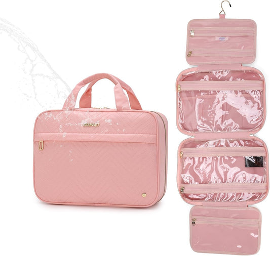 BESMART Travel Hanging Toiletry Bag for Women, Waterproof Makeup Organizer Washbags with Wet Pocket, Large Capacity Embroidery Cosmetic Bag for Trip/Workout//Holiday/Outdoor (Pink)