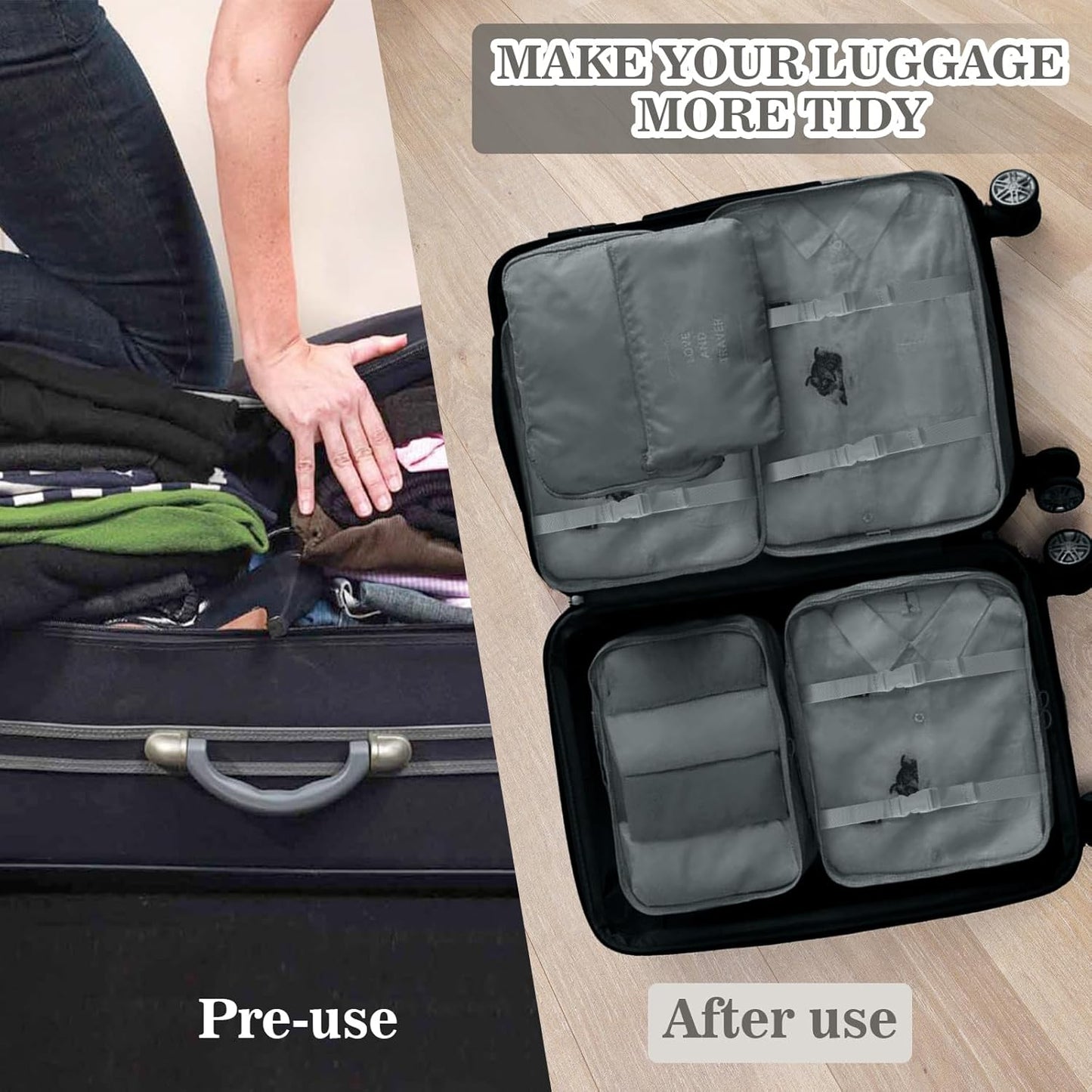 GIBOHOM Suitcase Organizer Set, 15 Pieces Space Saver, Packing Cubes for Holiday and Travel, Dividers Suitcase, Travel Organizer with Transparent Pockets, Grey