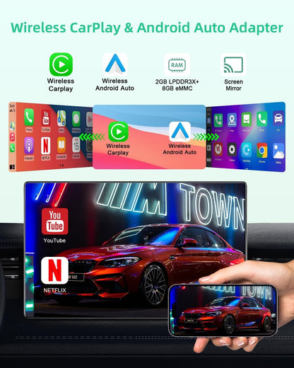 MTAKYI Wireless CarPlay Adapter Support Netflix YouTube, Android Auto Wireless Adapter for Factory Wired CarPlay Cars, 2 in 1 Magic AI Box with 5.8GHz WiFi, TF Card, Plug and Play for iPhone/Android