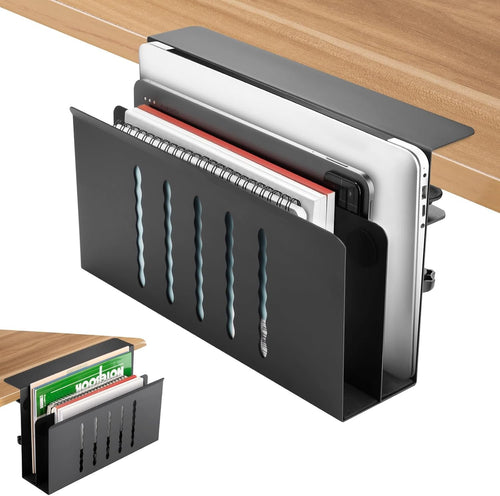 JGTONG Desk Side Storage, 2 Tier Hanging Desk Organizer No Drill, Alloy Steel Under Desk Storage Laptop Holder, Document Shelf for Office & Home, Load Capacity 25 Lbs (Black)