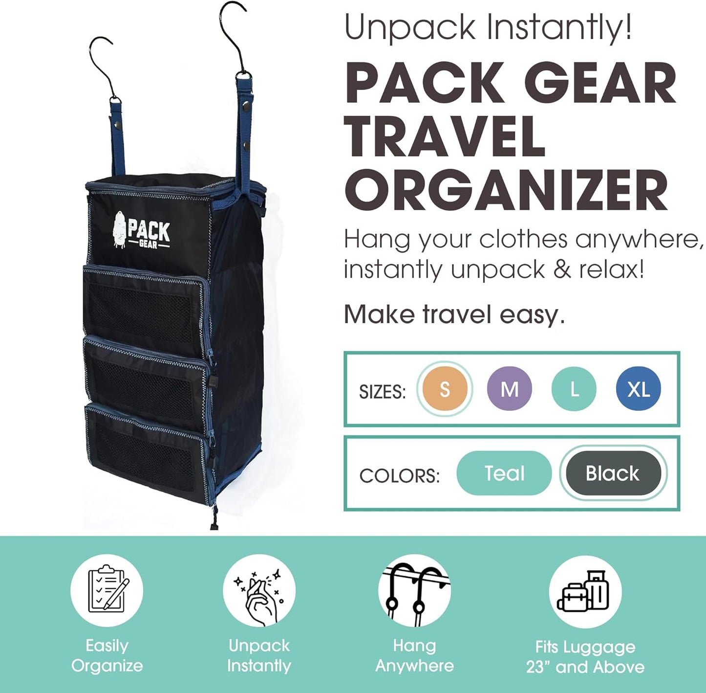 Pack Gear Suitcase Organizer | Pack More in your Large or Carry On Luggage | Unpack Instantly with these Compression Packing Cubes for Suitcases | Hanging Shelf Organizer for Closet (Black)
