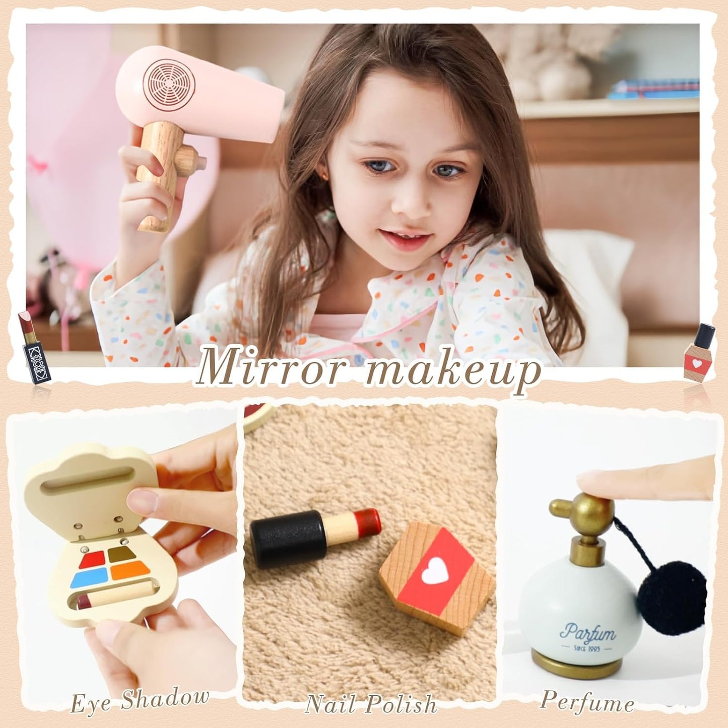 IEATFO Kids Makeup Kit for Girl, Wooden Makeup Toy Set for Toddlers, Pretend Wood Beauty Salon Toys Set for Kid Children Princess, Christmas Birthday Gift Toy for 3 4 5 6 7 8 9 10 Year Old