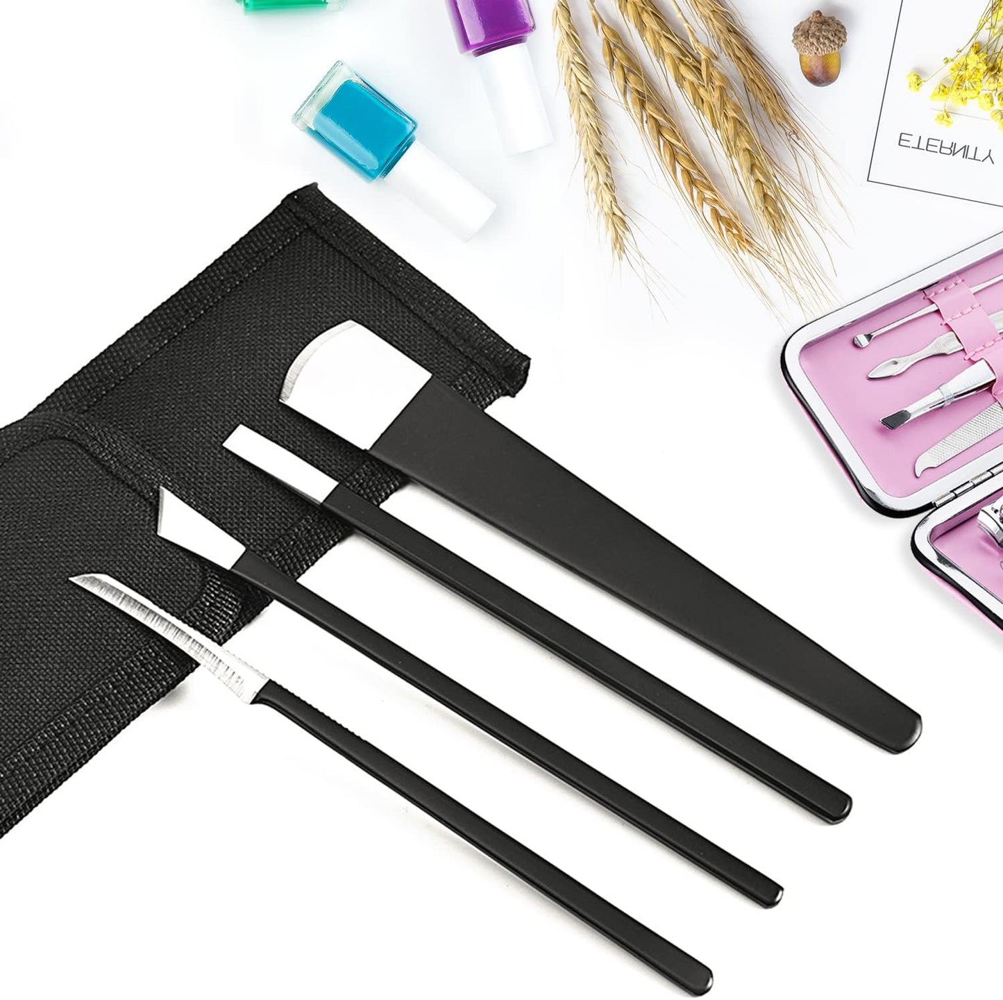 4 PCS Pedicure Knife Set Stainless Steel Ingrown Toenail Knife Correction Foot Scraper Clipper Pedicure Nail Remover Kit with Storage Bag for Calluses Beauty Salon Home Use Foot Care - Black