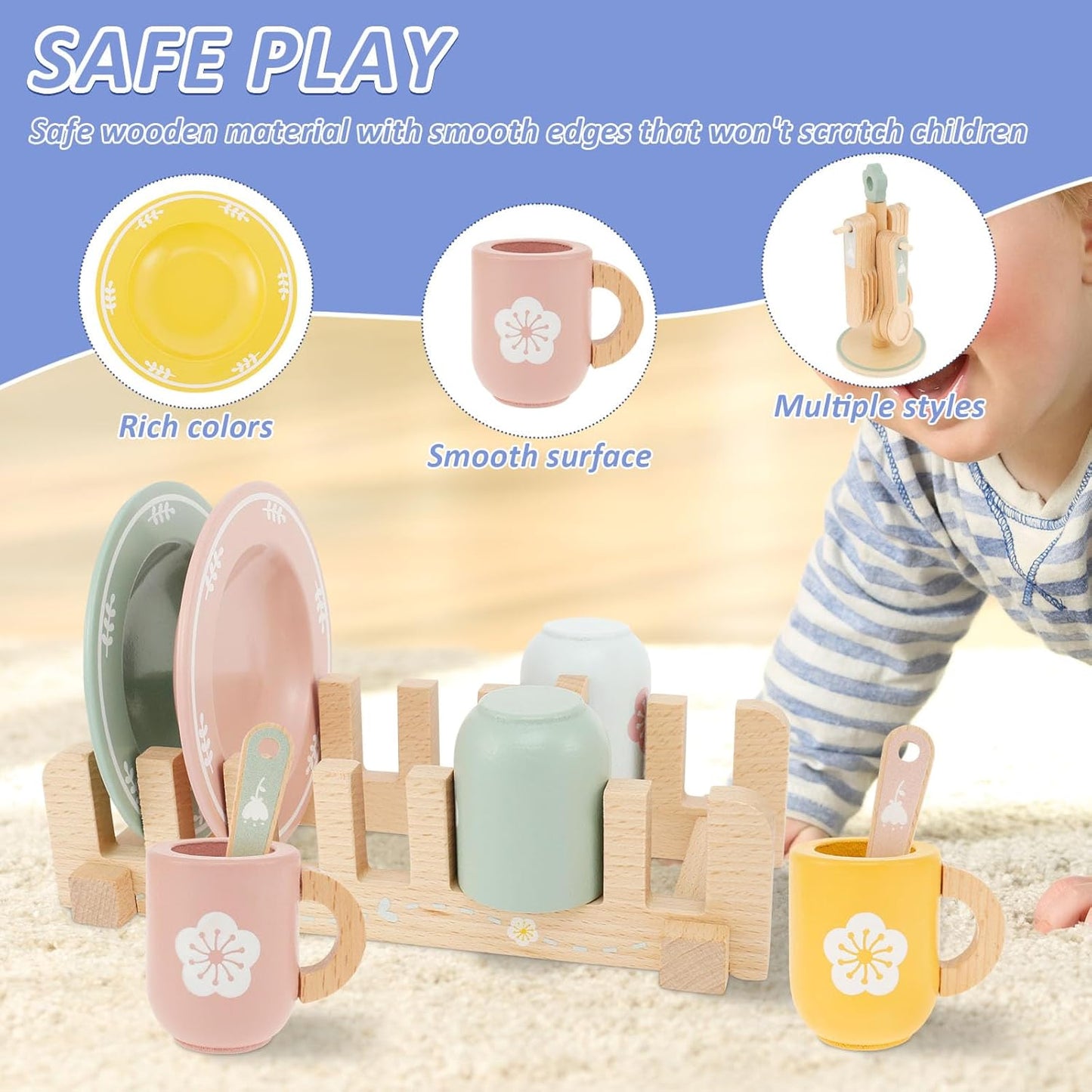 UKQRRTC Kid Wooden Dinnerware Toy Set, Safe Wood Kids Kitchen Playset, Funny Toddler Kitchen Toy, Kitchen Cutlery and Plate Toy Set, Wood Plate and Dish Playset for 3-5 Years Old Children