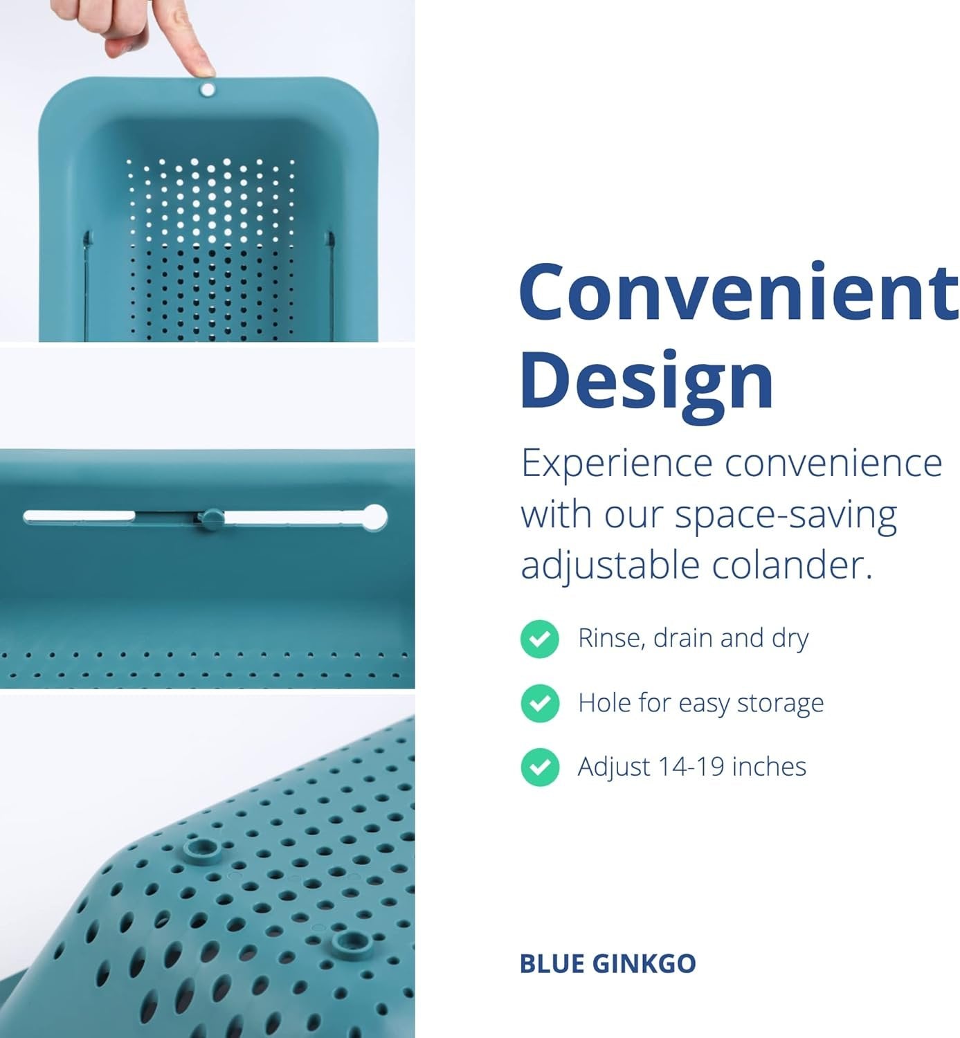 BLUE GINKGO Over The Sink Colander Strainer Basket - Wash Vegetables and Fruits, Drain Cooked Pasta and Dry Dishes - Extendable - New Home Kitchen Essentials (20 W x 36.8-49.5 L x 6.9 H cm) - Teal