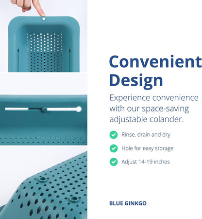 BLUE GINKGO Over The Sink Colander Strainer Basket - Wash Vegetables and Fruits, Drain Cooked Pasta and Dry Dishes - Extendable - New Home Kitchen Essentials (20 W x 36.8-49.5 L x 6.9 H cm) - Teal