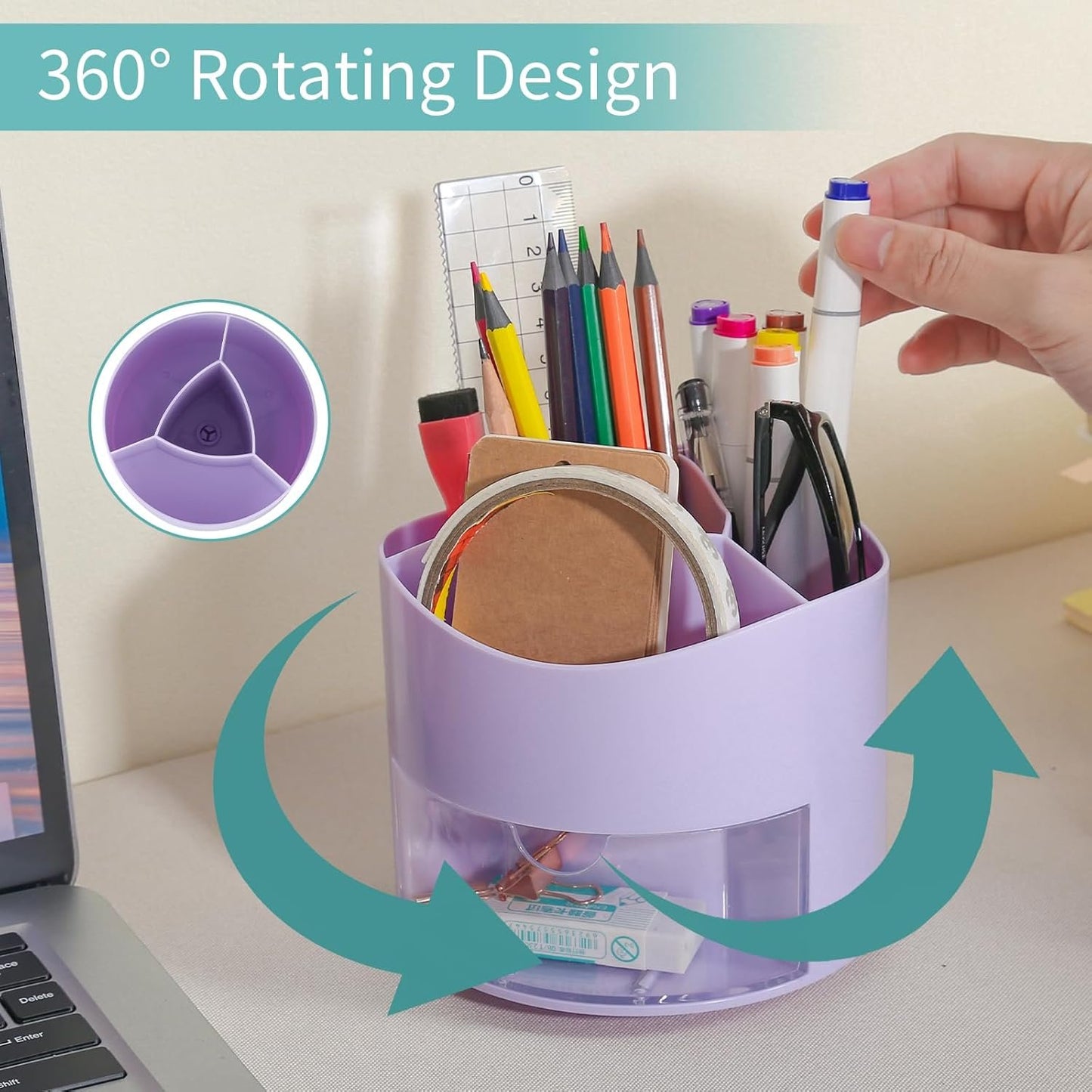 Desk Pencil Pen Holder 4 Slots 360-Degree Rotating Pencil Pen Organizers with Drawer Desktop Storage Stationary Supplies Organizer Pen Cup Pot for Desktop Accessories Office Classroom Purple