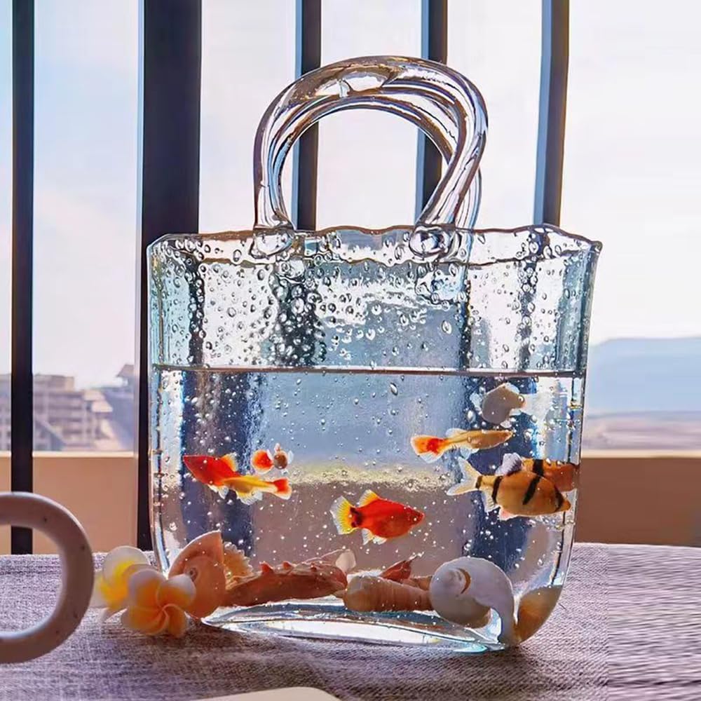 DZGUAI glass bag vase, purse vase with fish bowl, Handbag Shape flower vase - for Home Décor, enterpiece,Office, Garde (transparent)