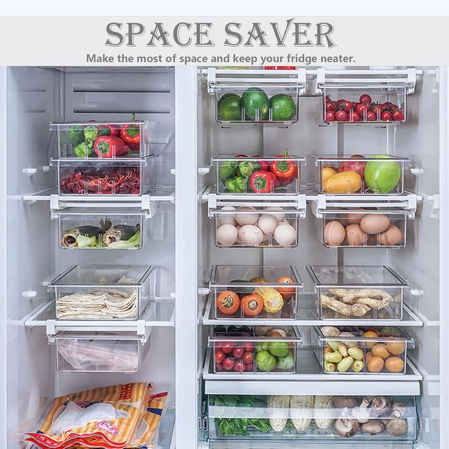 Refrigerator Organizer Bins - Clear Plastic Container Drawer for Egg Vegetable Fruit Snack Drink Food, Home Essentials Organization and Storage for Fridge Kitchen Cabinet Pantry Freezer