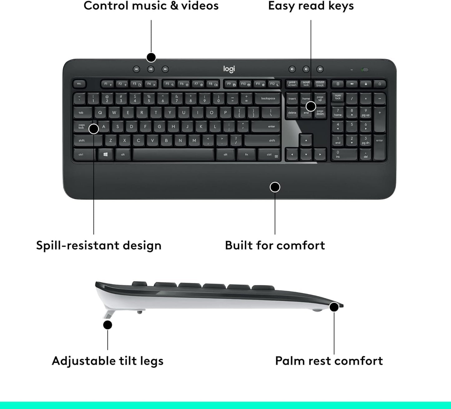 Logitech MK540 Advanced Wireless Keyboard and Mouse Combo for Windows, 2.4 GHz Unifying USB-Receiver, Multimedia Hotkeys, 3-Year Battery Life, for PC, Laptop