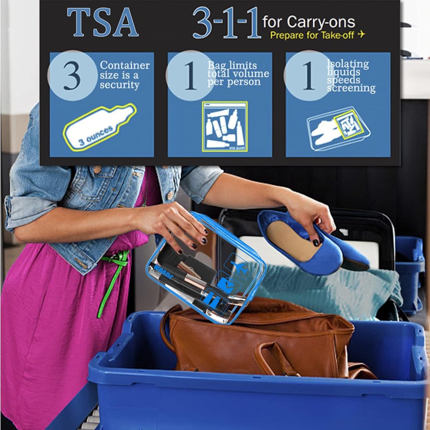 TSA Approved Clear Travel Toiletry Bag wih Zippers Carry-on Travel Accessories Quart Size Toiletries Cosmetic Pouch Makeup Bags for Men and Women (4pcs Navy Blue)