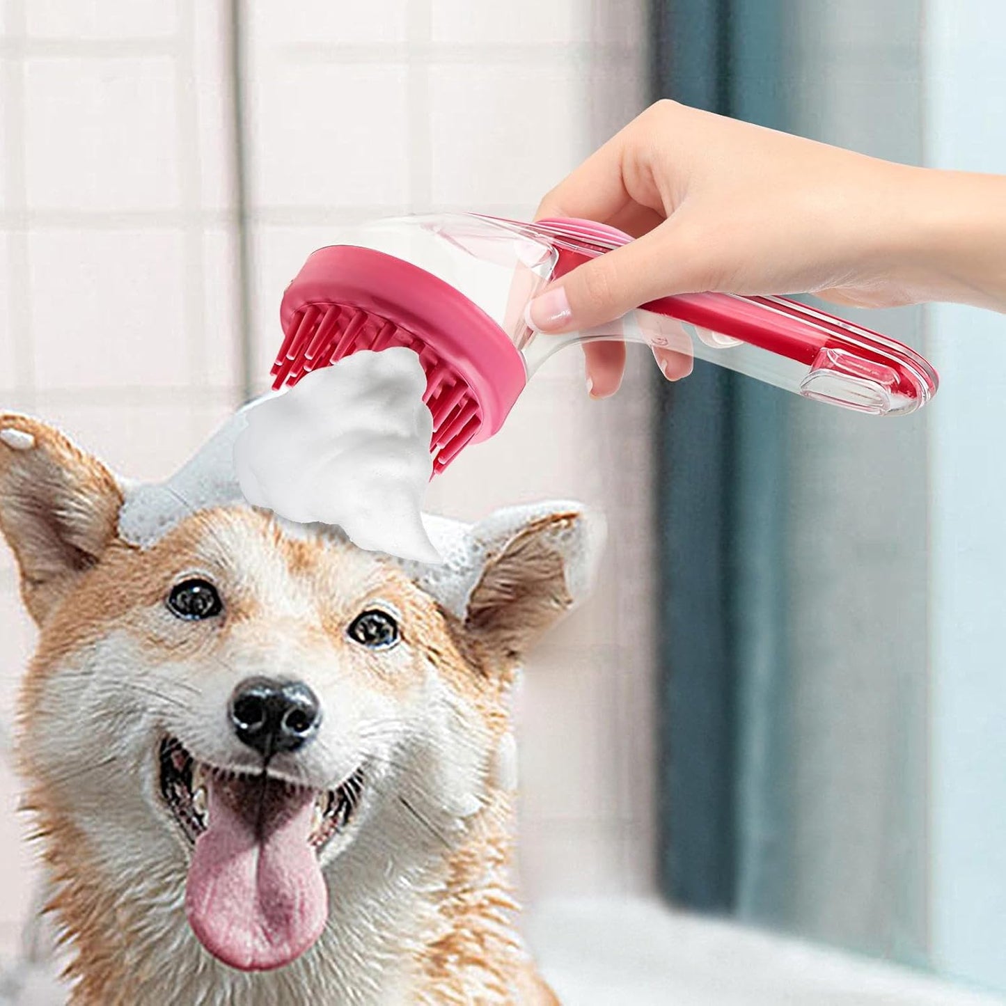 Mimoqk Dog Bath Brush, Silicone Grooming Comb, Pet Massage Cleaner with Shampoo Dispenser, Soft Bristles for Puppy, Kitten, Small Animals, Bathing and Shower Accessory
