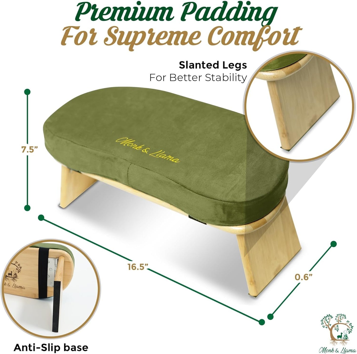 MONK & LLAMA Meditation Bench - Kneeling Bamboo Bench with Foldable Legs & Cushion — Kneeling Stool Ergonomic Bamboo Yoga Bench for Extended