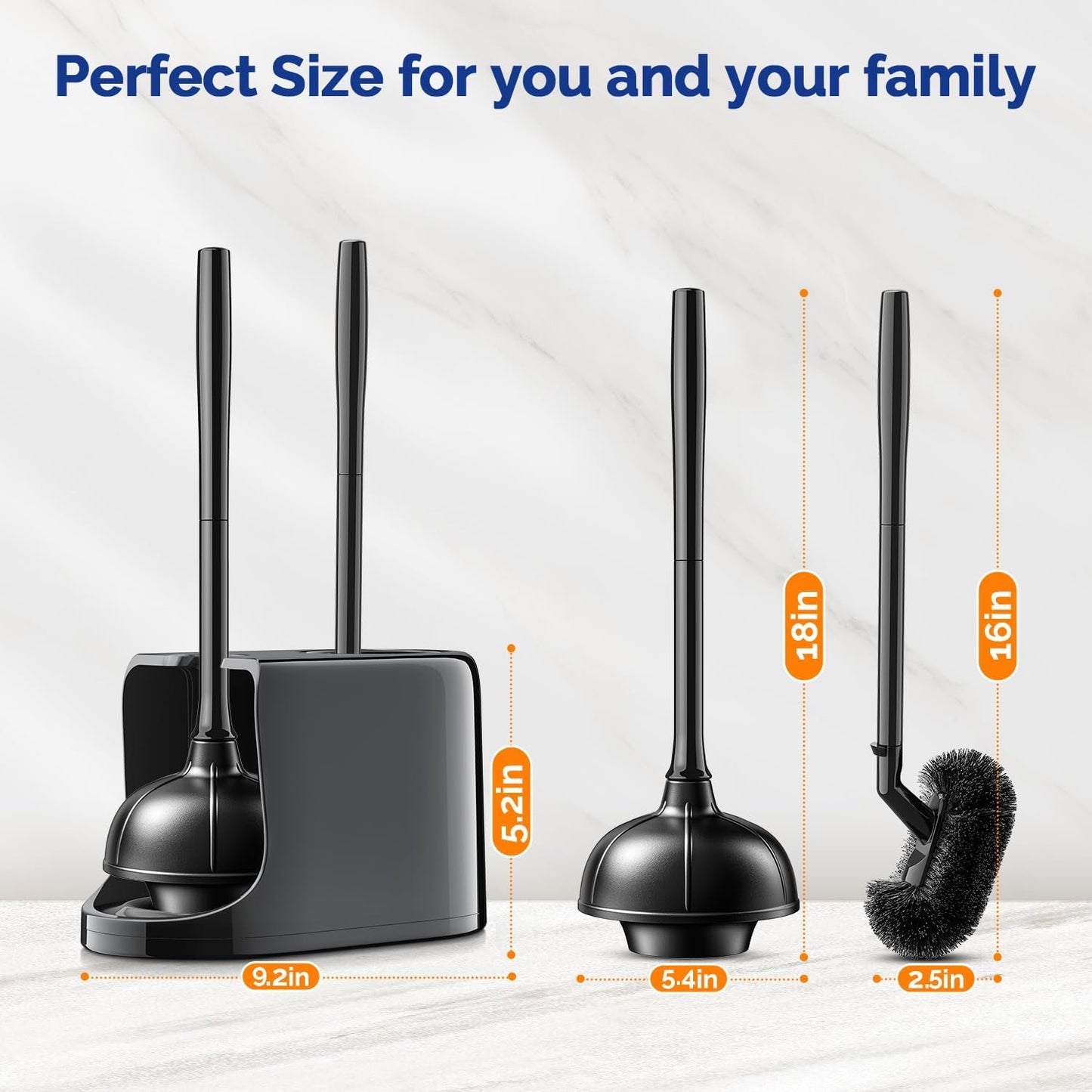 HAMITOR Toilet Brush and Plunger Set, Plungers for Bathroom Toilet Heavy Duty, Bowl Brush and Holder with Extended Handle, 2-in-1 Bathroom Accessory Cleaning Combo with Modern Caddy Stand - Black