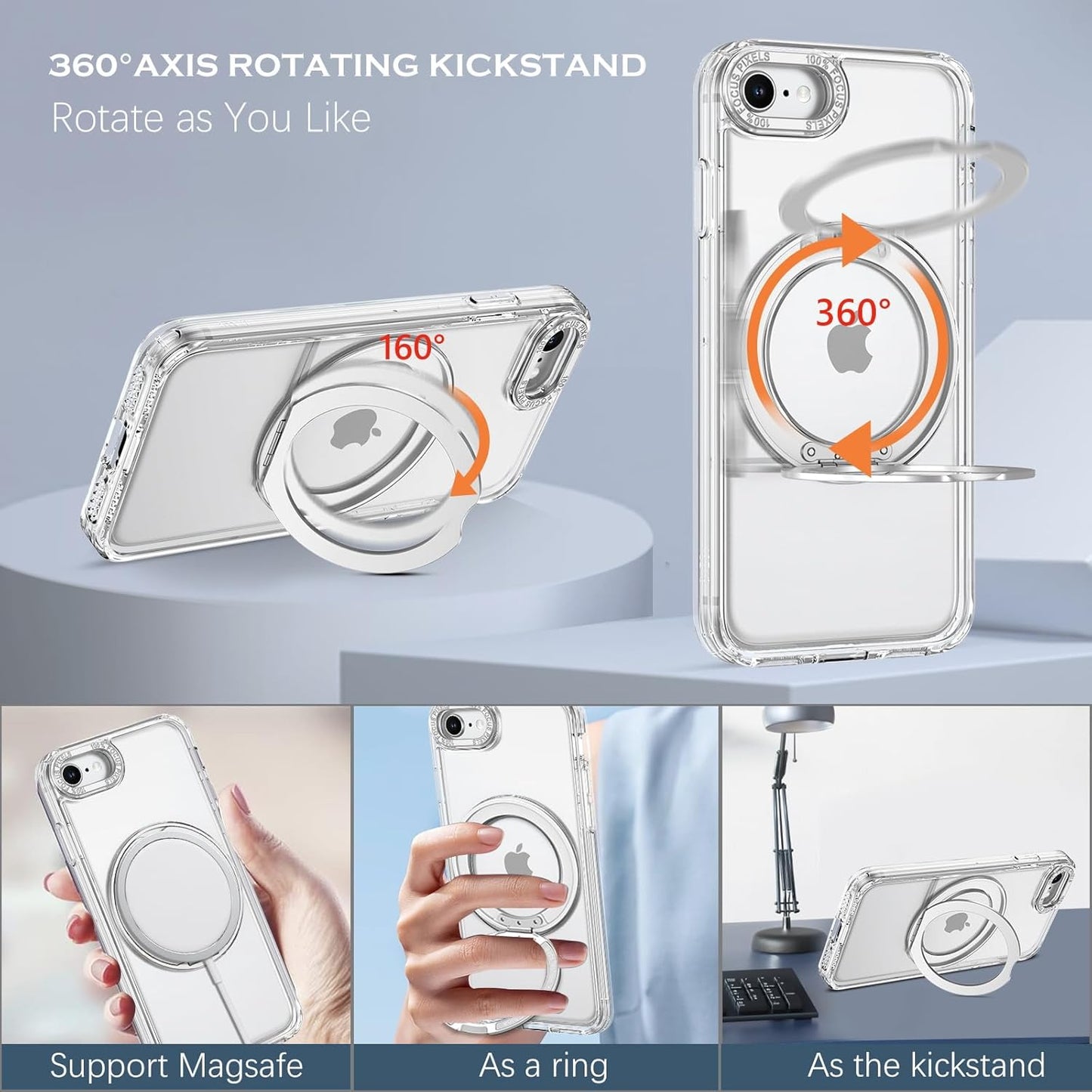 YINLAI for iPhone SE Case (2020/2022), iPhone 7/8 Case, [Compatible with MagSafe] with Magnetic 360° Rotatable Ring Stand Slim Shockproof Protective Phone Cases for iPhone SE 4.7", Clear