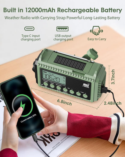12000mAh Portable Emergency Weather Radio with Solar Hand Crank Rechargeable,7 NOAA Stations & AM/FM/Shortwave Radio, Reading Lamp, Flashlight, SOS, USB Charging Port, 3.5mm Earphone Jack for Survival