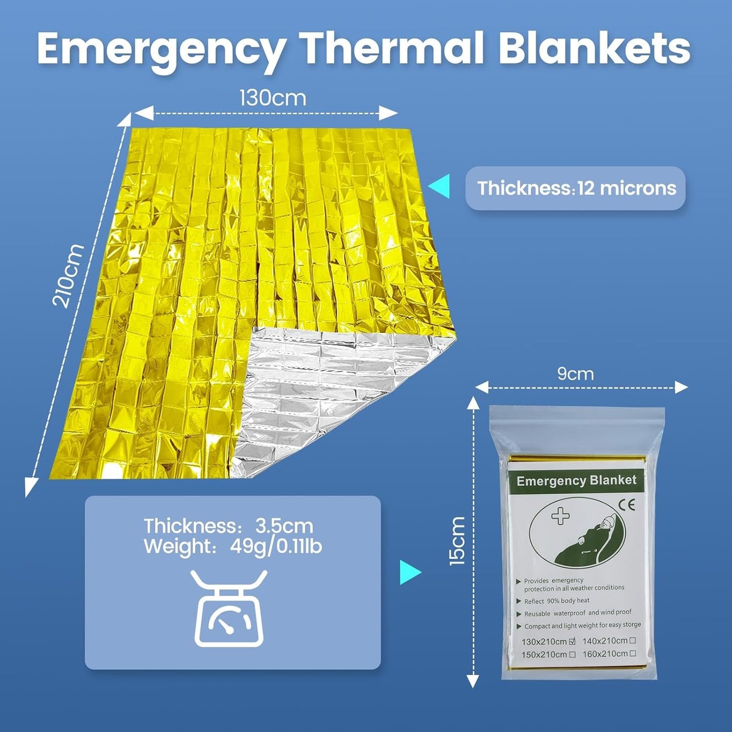 Milifox 6 Pack Emergency Thermal Blankets, Survival Blankets Reflective First Aid Blanket for Camping Hiking Outdoor Warm Insulated Heat Insulation and Waterproof