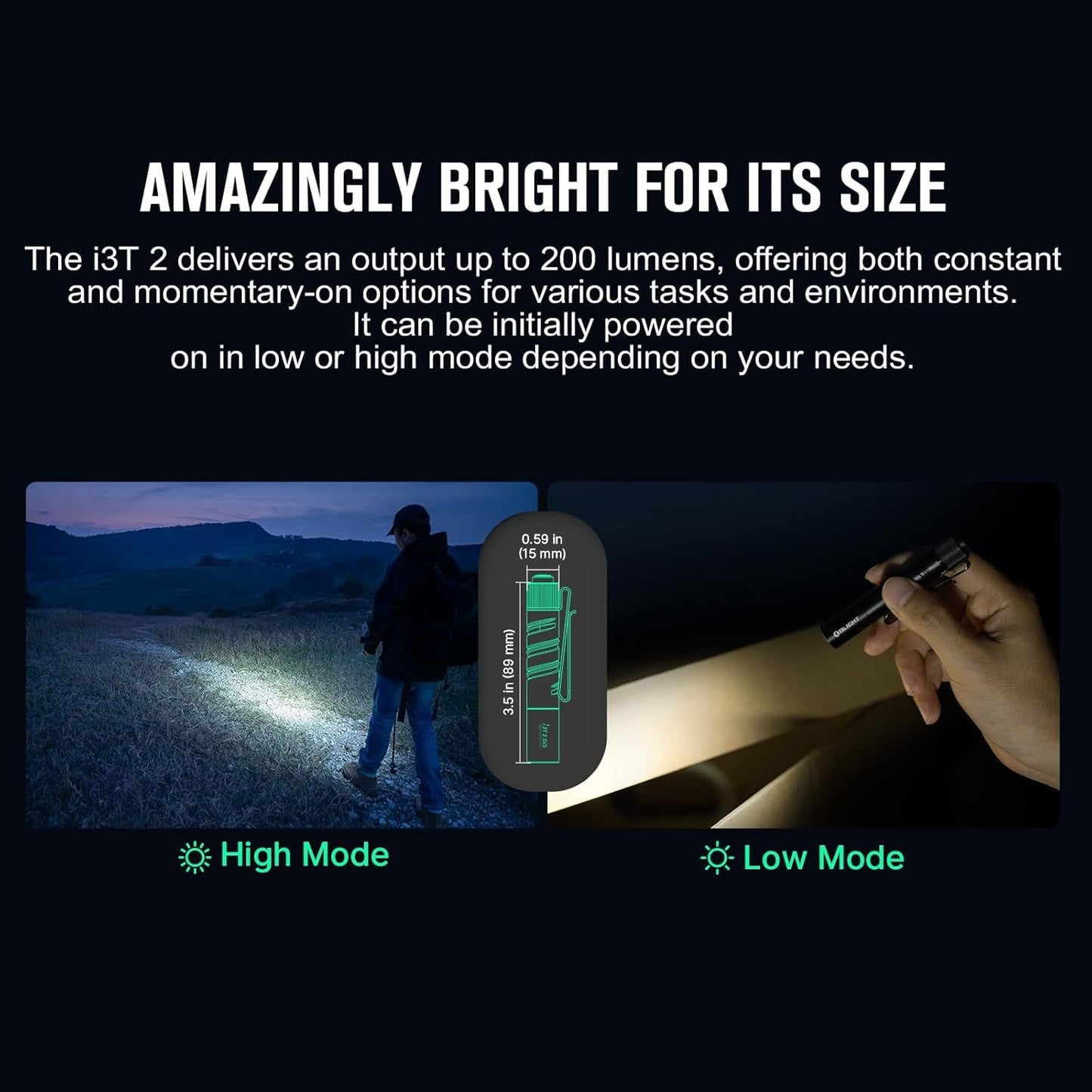 OLIGHT I3T 2 EOS 200 Lumens Mini Flashlight, Small Pocket EDC Flashlight with AAA or Rechargeable Battery, Dual-Output Slim Tail Switch Light for Camping and Hiking(Black)