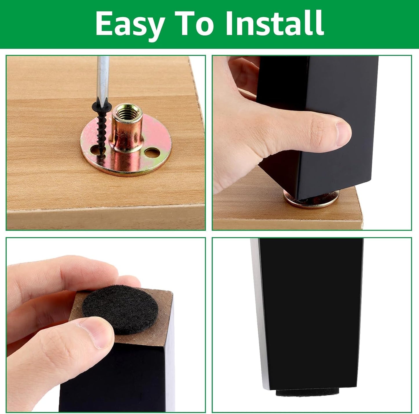 VIDETOL 4 x Wooden Table Legs, 15cm Wooden Feet with Mounting Plates, Rubber Pads and Screws, Black Wooden Feet for Bed, Sofa, Furniture
