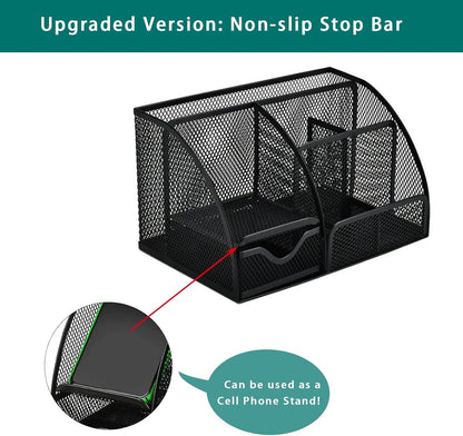PYJLBX Desk Organizer, Pen Holder Desk Accessories, Metal Mesh Desk Organizers and Storage, Pencil Holder Desk Organizers Office Supplies Caddy Desk Storage with Draw for Home, Office, School (Black)
