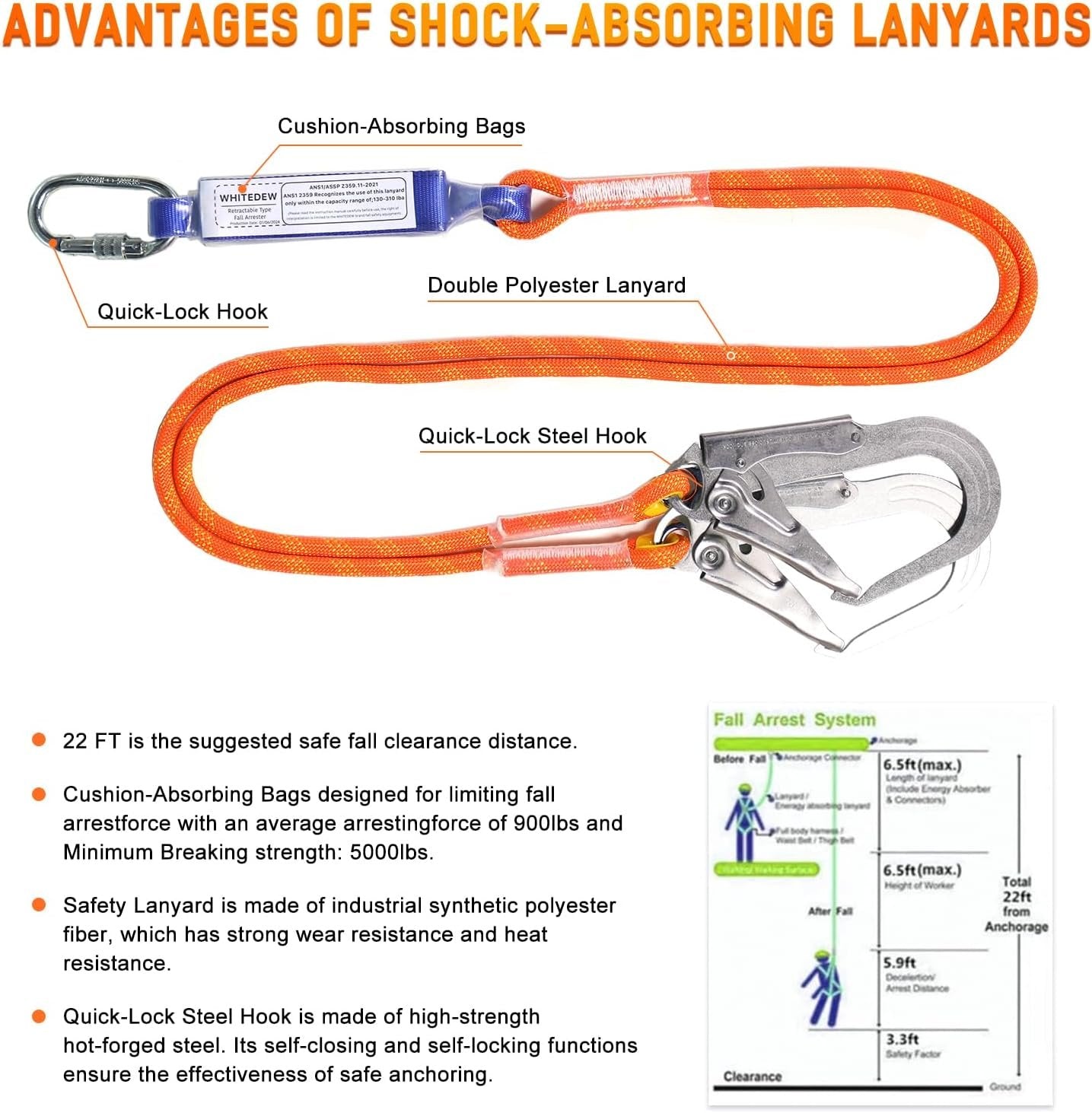 Safety Harness Fall Protection Kit with Shock Absorbing Lanyard, Roofing Work Harnesses Full Body Safety Harness for Construction (Orange)