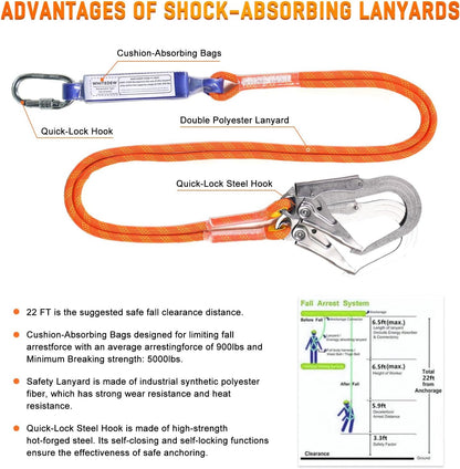 Safety Harness Fall Protection Kit with Shock Absorbing Lanyard, Roofing Work Harnesses Full Body Safety Harness for Construction (Orange)