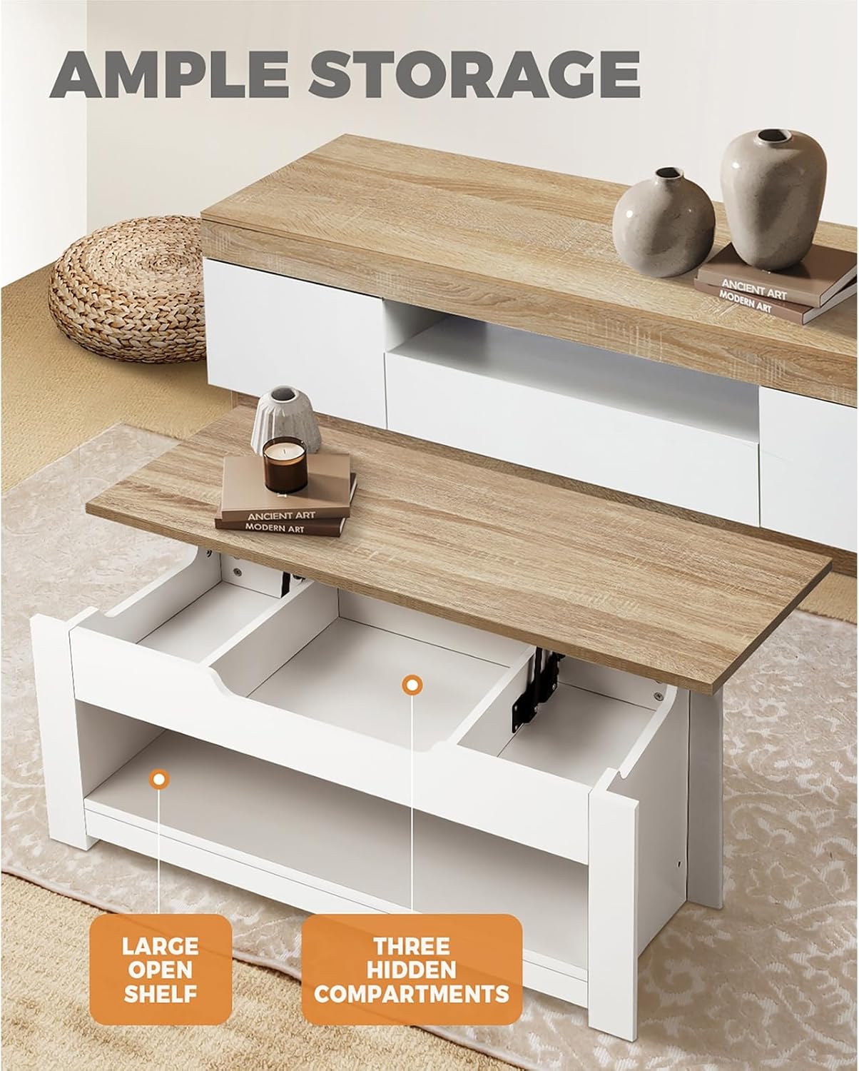 OIKITURE Lift Top Coffee Table with Hidden Compartment & Storage Shelf Space, Rising Tabletop Dining Table for Living Room Reception Room