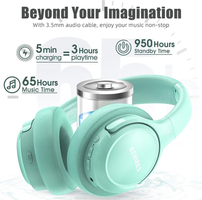Bluetooth Headphones Over Ear,BERIBES 65H Playtime and 6 EQ Music Modes Wireless Headphones with Microphone,HiFi Stereo Foldable Lightweight Headset, Deep Bass for Home Office Cellphone PC Ect.(Green)