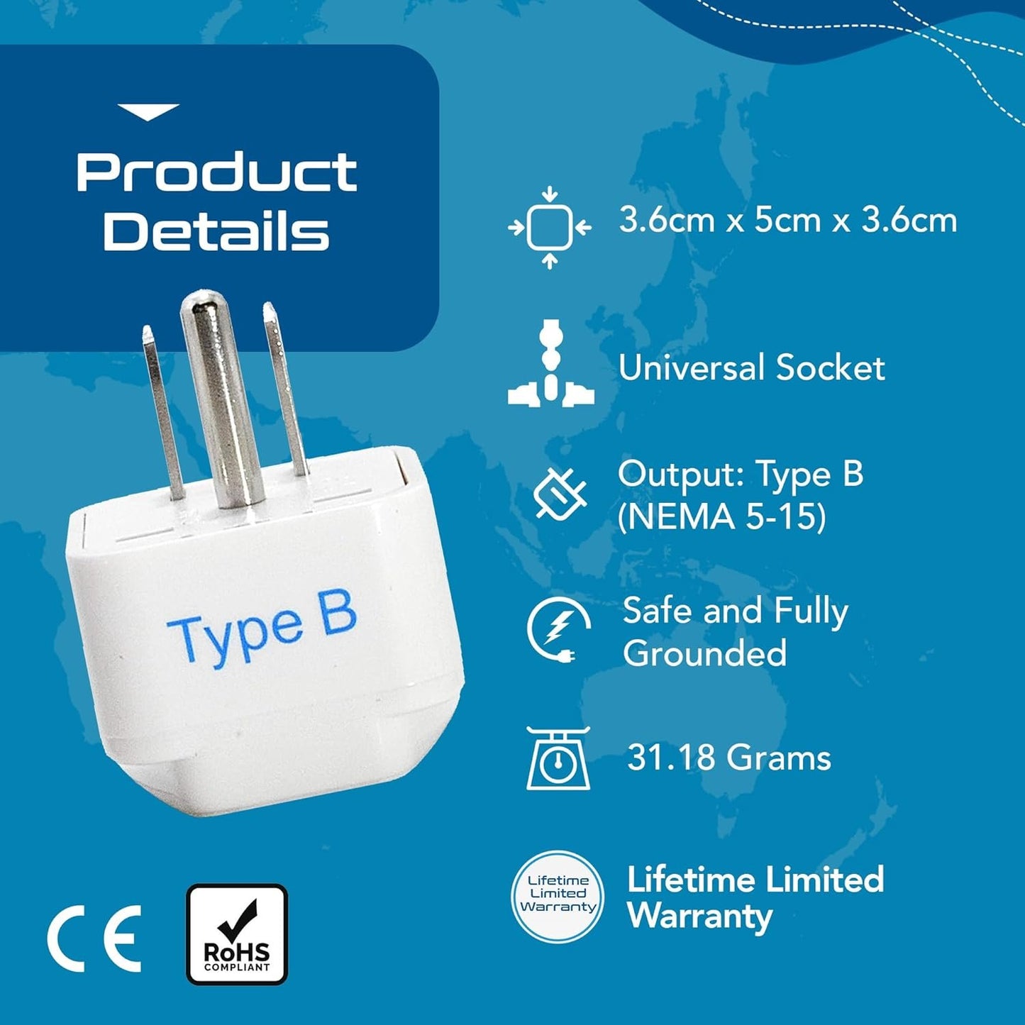 Ceptics European/India to US plug adapter - Flat outlet UK to US, Europe Round Australian to USA 3 Prong - 220 to 110 Travel Adaptor, European to American (Type B) - 3 Pack (GP-5-3PK)