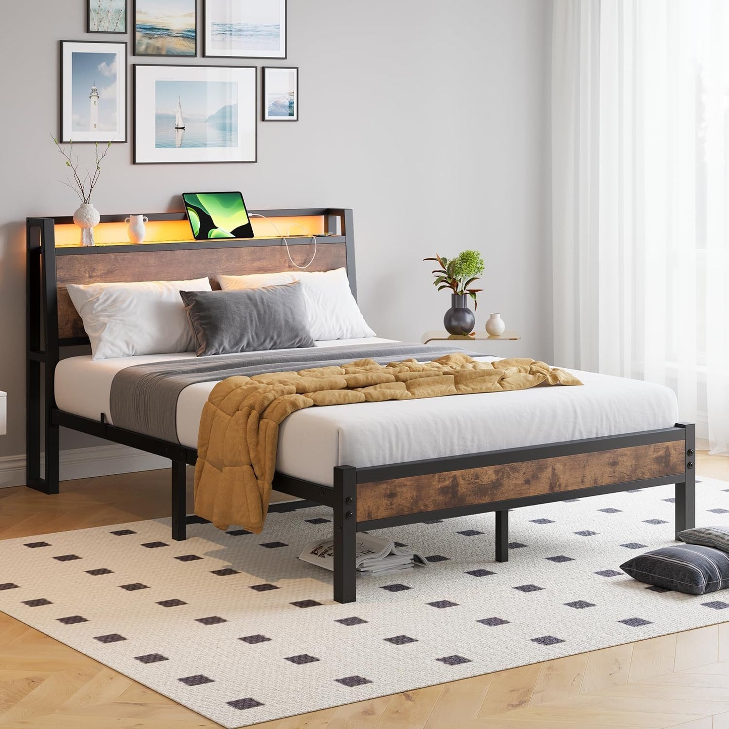 ZGEHCO Full Size Bed Frame with Ergonomic Headboard, Metal Full Bed Frame with Charging Station & LED Lights Double Bed Frame with Storage & Strong Steel Slats,No Box Spring Needed, Rustic Brown