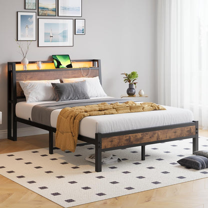 ZGEHCO Full Size Bed Frame with Ergonomic Headboard, Metal Full Bed Frame with Charging Station & LED Lights Double Bed Frame with Storage & Strong Steel Slats,No Box Spring Needed, Rustic Brown