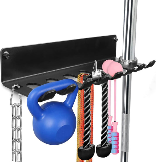 BRTGYM Gym Rack Organizer, Home Gym Accessories Hanger, Wall Mount Hooks for Olympic Barbells, Row Handles, Bats or Tools (E-Book Instruction Included)