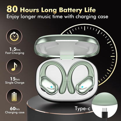 Wireless Earbuds Bluetooth Headphones 80hrs Playback Ear Buds Power Display with Noise Canceling Mic with Earhooks for Sports/Workout/Running Light Cyan