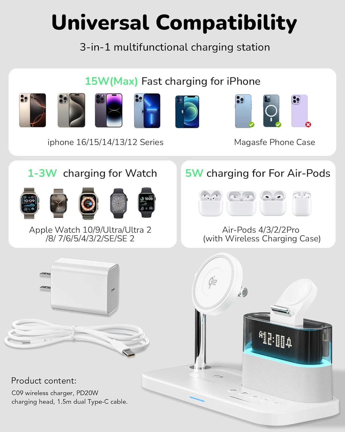 5 in 1 Wireless Charger with Alarm Clock for A pple,Mag-Safe Charging Station for iPhone 16/15/14/13/12,iWatch Series 10/9/Ultra 2/8/7/SE/SE2/6/5,Air-Pods 4/3/Pro/2,Magnetic Charger Stand(White)
