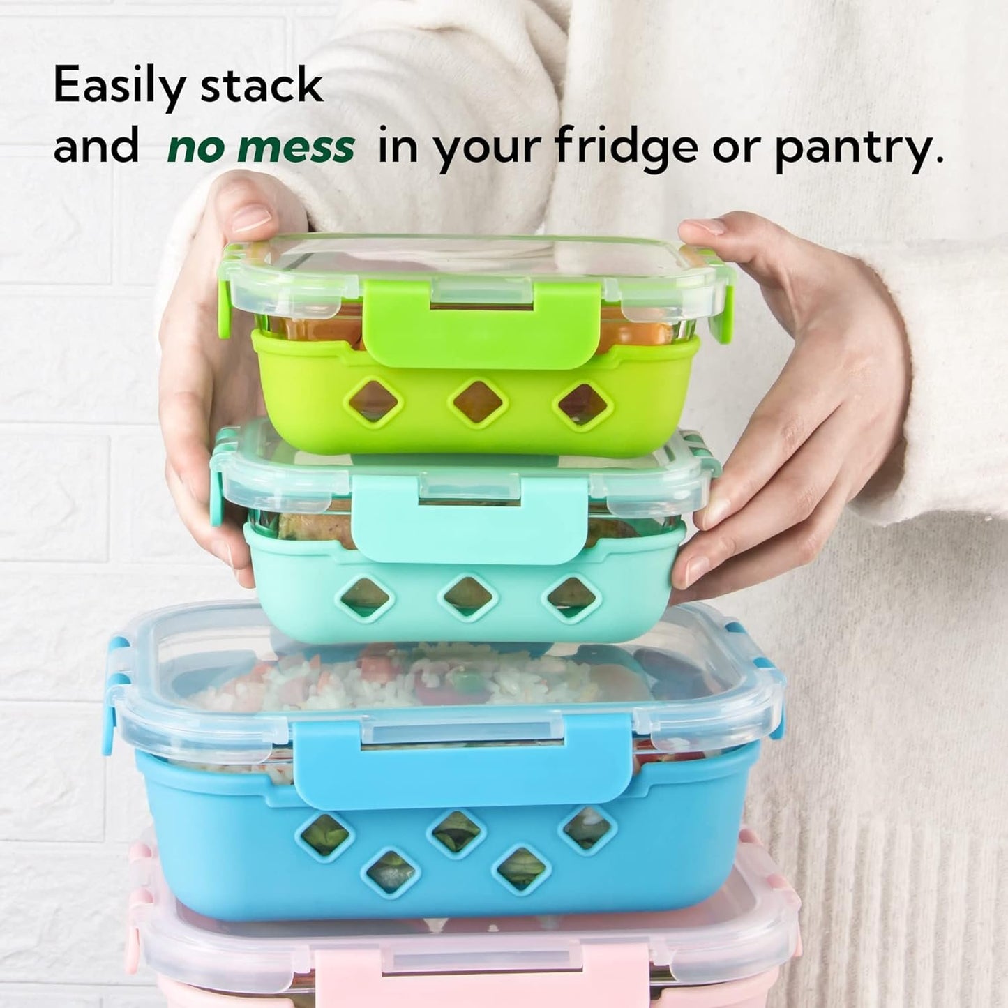 YARYOUNG 10 Pack Glass Meal Prep Containers with Removable Silicone Sleeves,Food Storage Container Set with Airtight Lids (34oz+12oz)