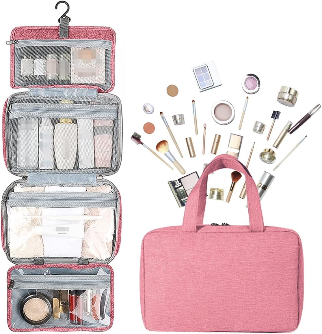 Hanging Toiletry Bag, Waterproof Wash Bag for Makeup Large Capacity Travel Makeup Bag Compact with Hook, Portable Makeup Traveling Organizer for Women Outdoor Camping Travel (1, Pink)