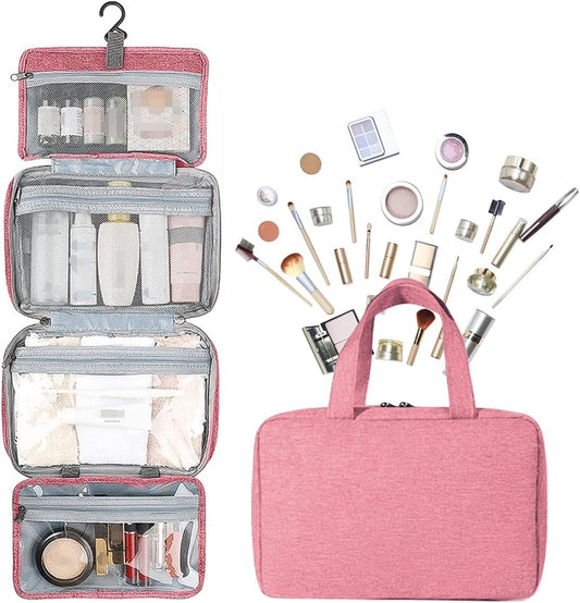 Hanging Toiletry Bag, Waterproof Wash Bag for Makeup Large Capacity Travel Makeup Bag Compact with Hook, Portable Makeup Traveling Organizer for Women Outdoor Camping Travel (1, Pink)