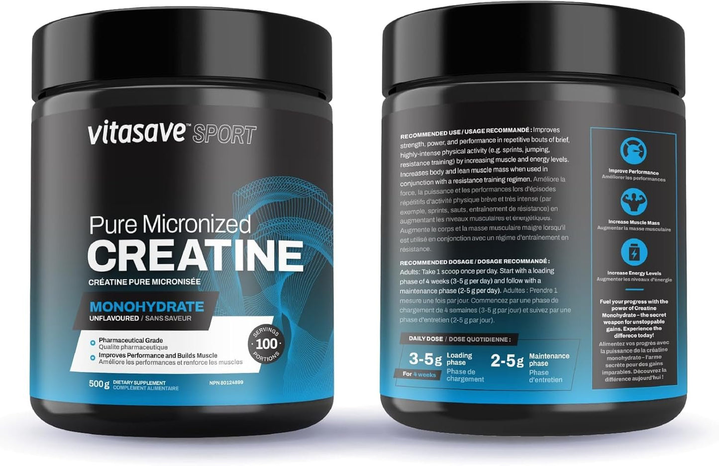Vitasave Micronized Creatine Monohydrate Powder – 100% Pure Creatine for Muscle Growth, Strength & Performance – Fast-Absorbing, Ultra-Fine & Unflavored – Vegan, Non-GMO – 100 Servings (500g, Made in Canada)