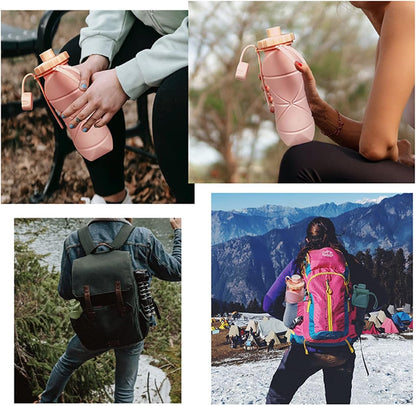 (2 Pack) RUNGOS Collapsible Water Bottle for Travel [Double Leak-proof Design] [Cap with Safety Rope] BPA Free Silicone Foldable Water Bottle for Outdoor Hiking Sports Lightweight, Couple (Green+Pink)