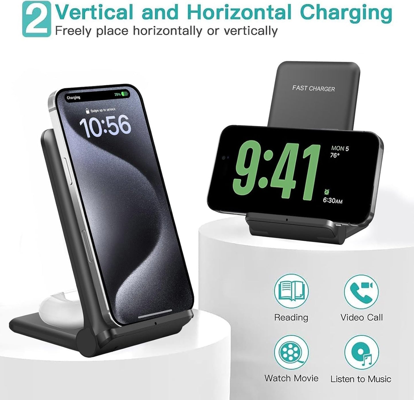 VNBBT 2 in 1 Wireless Charger, 20W Fast Wireless Charging Stand Dock for iPhone 16 Pro Max/16/15/15 plus/14/13/12/11/XS/XR,AirPods 4/3/Pro 2,Samsung Galaxy S24/S23/S22/S21/Note,Galaxy Buds, Black