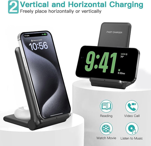 VNBBT 2 in 1 Wireless Charger, 20W Fast Wireless Charging Stand Dock for iPhone 16 Pro Max/16/15/15 plus/14/13/12/11/XS/XR,AirPods 4/3/Pro 2,Samsung Galaxy S24/S23/S22/S21/Note,Galaxy Buds, Black