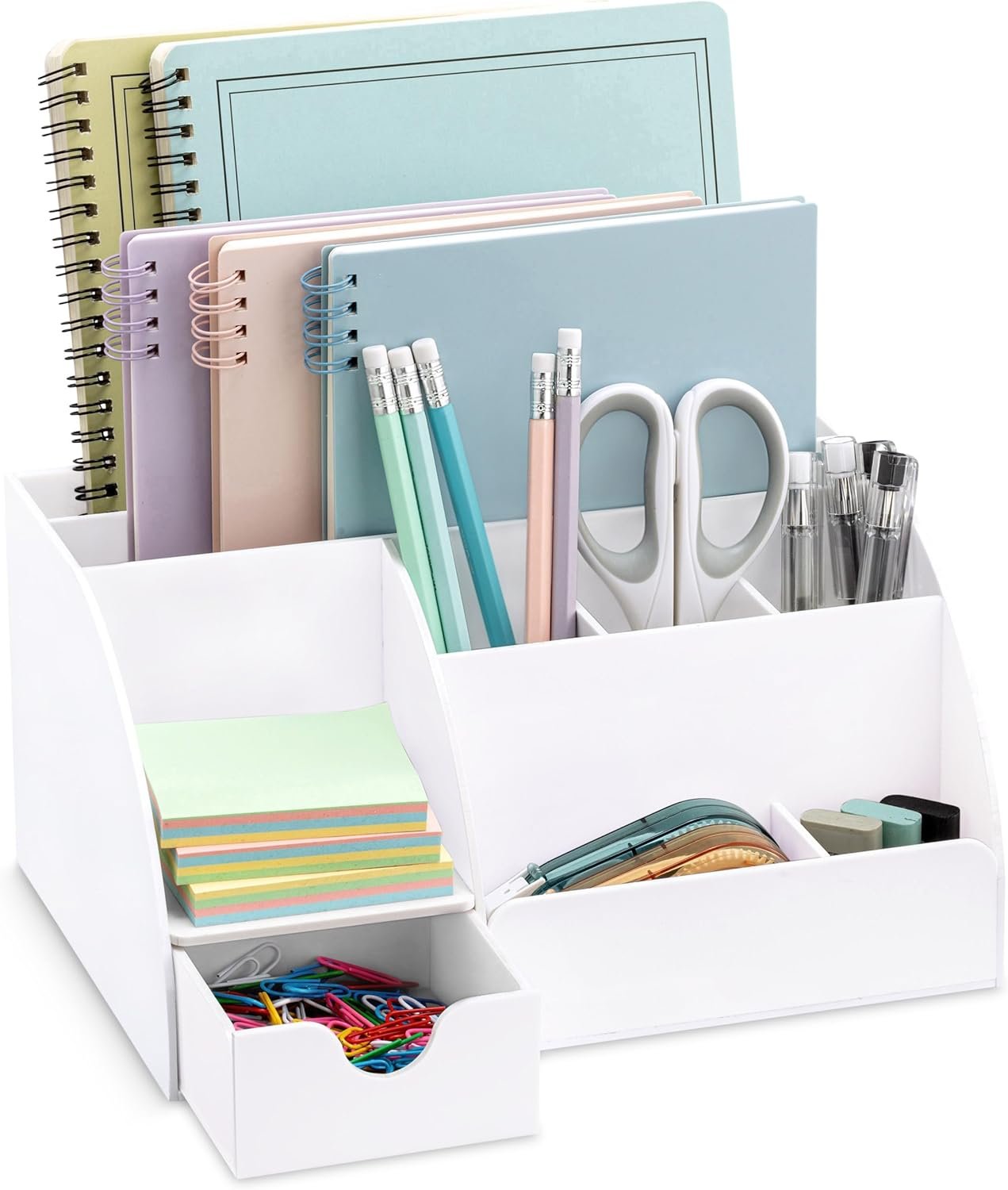 Office Desk Organizer, White Acrylic with Drawer, 9 Compartments - All in One Office Supplies and Cool Desk Accessories Pen Holder, Enhance Your Office Decor Desktop (White).